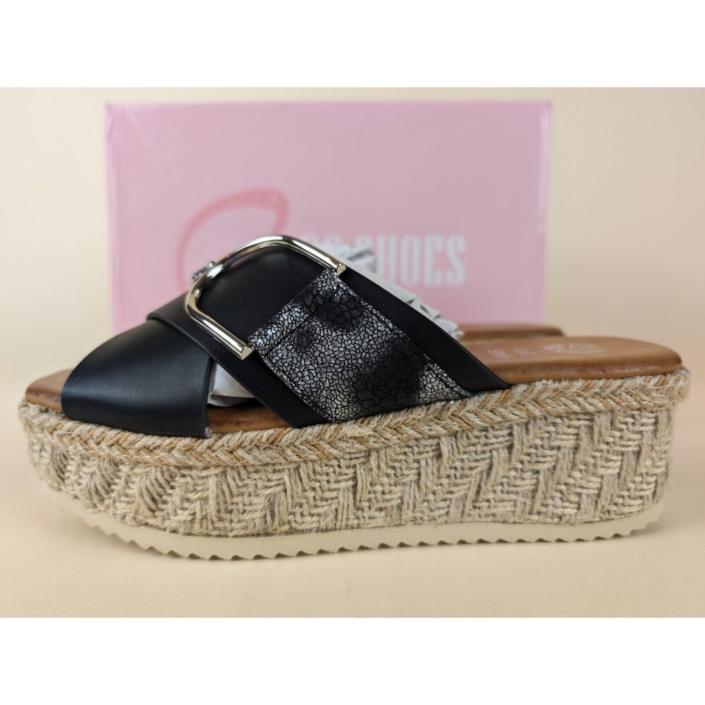 GC Shoes Lindsey Espadrille Wedge Sandals Womens 6 M Black Buckle Strap NWB - Picture 5 of 13